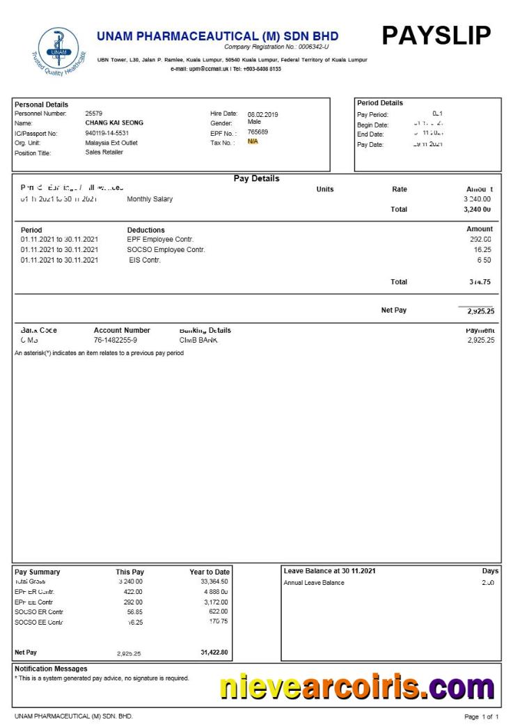 Unam Pharmaceautical (M) Sdn Bhd payslip